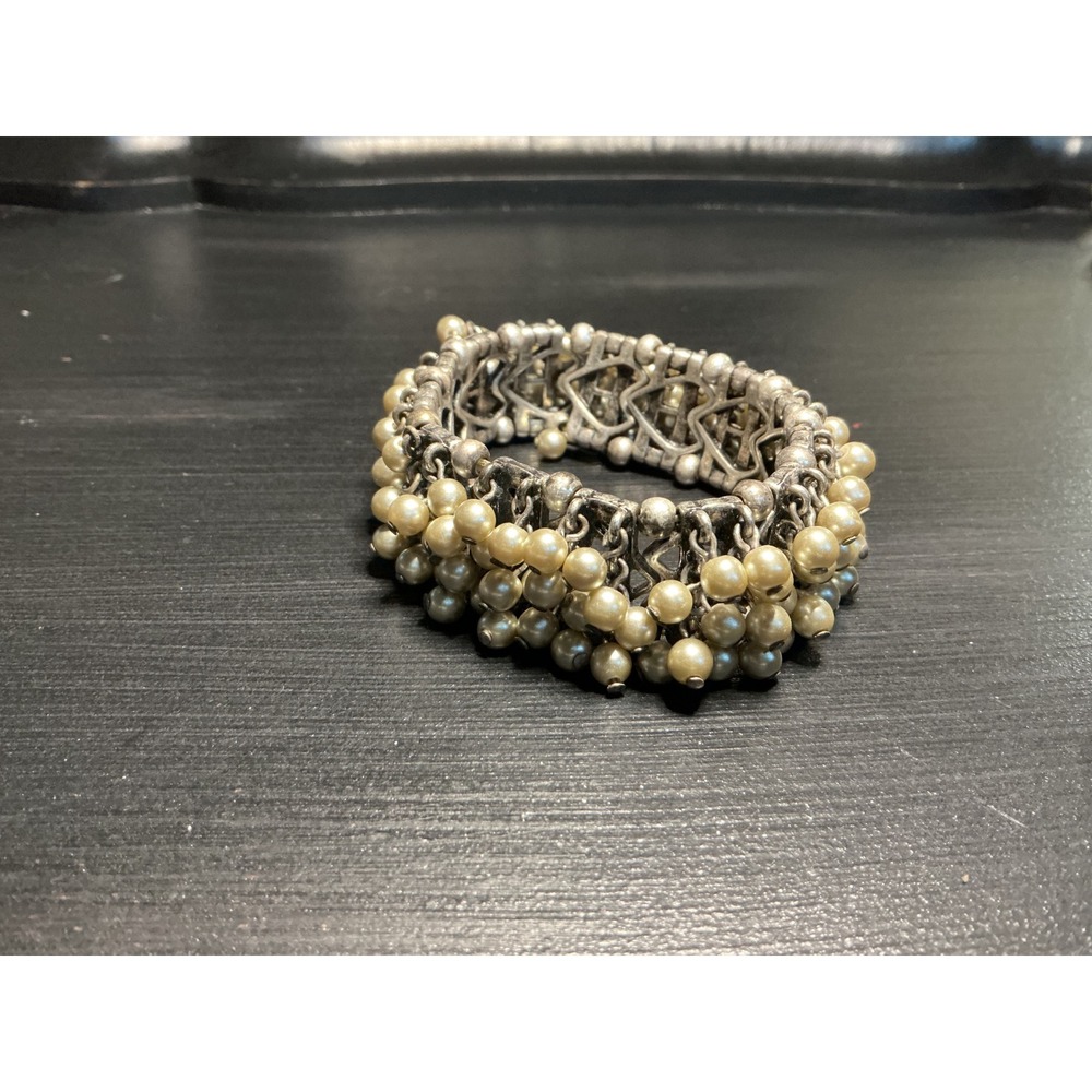 Vintage Silver Tone Faux Pearl Stretch Cuff Bracelet Statement Cluster Cream